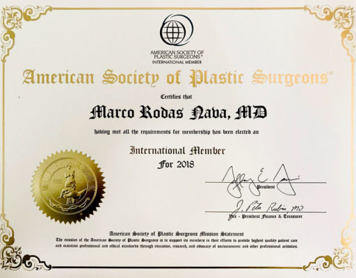 Certificación ASPS de Dr. Rodas Nava